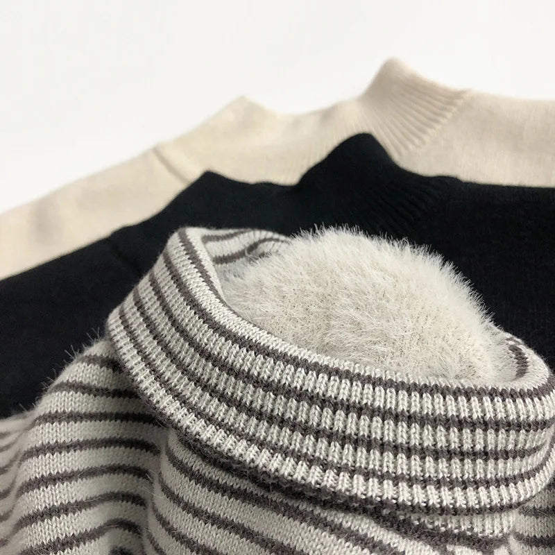 Kids Sweaters Fur Lining Boys Sweaters Half Turtleneck Girls Knit Pullover For Children 0-6Y Unisex