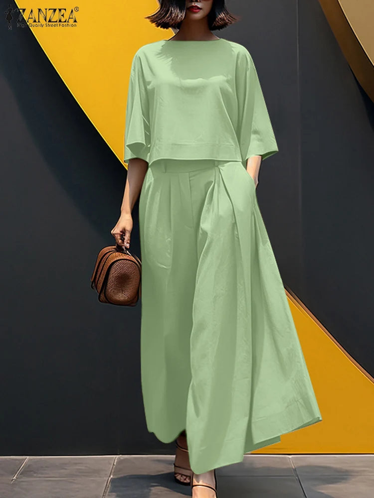 Women Causal 2PCS Pant Sets Loose 3/4 Sleeve Tops Wide Leg Pants 2-Pieces Outfits Solid Colour Fashion Commute Tracksuits