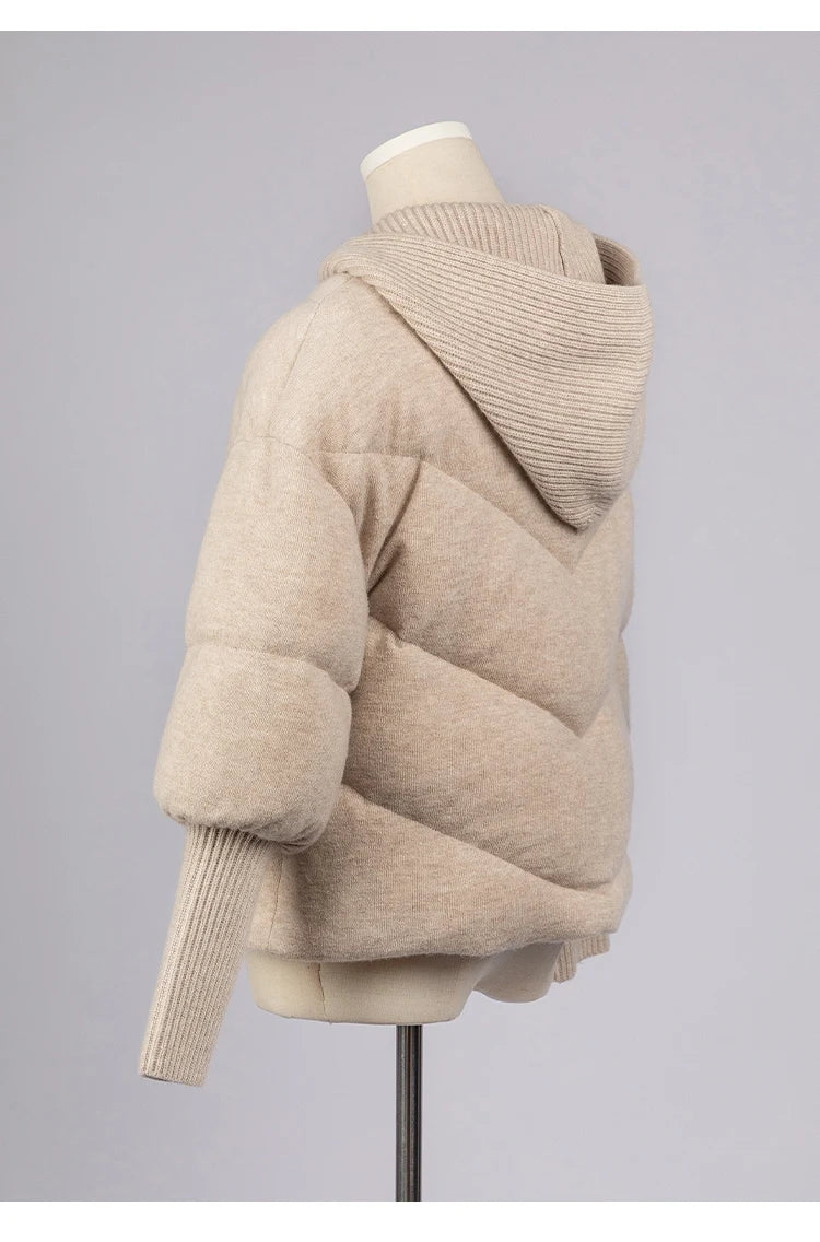 Women's Luxury Hooded Threaded Sleeve Down Coat, Warm Jacket For Ladies