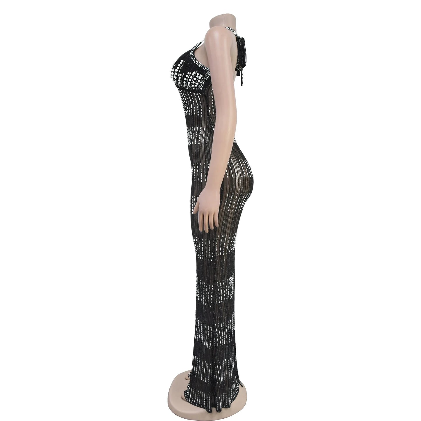 Women's Sexy Halter Sleeveless Backless Embroidered Flares Rhinestone Decor Floor-length Party Dress