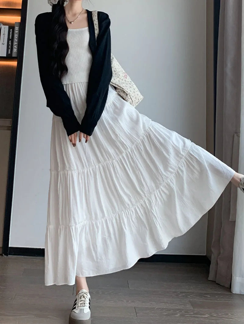 Spring Summer Women Long Skirts Fashion High Waist Elastic Patchwork A-Line Skirt Casual All-Match White Cake Maxi Skirts Female