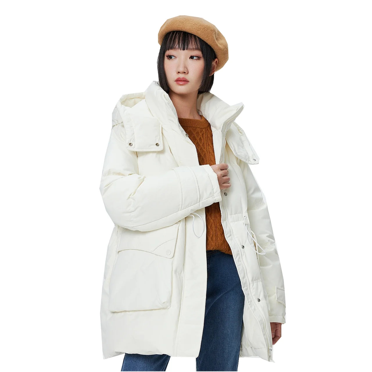 Women's Winter Warm Oversized Long Hooded Down Jacket, Adjustable Pig Nose, Buckle Waist Belt Utility Duck Down Parka For Ladies