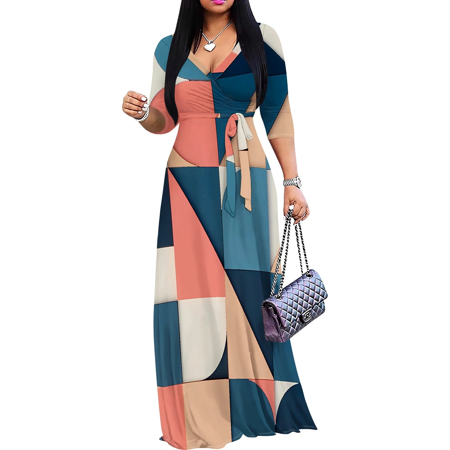 Vacation V-Neck Wrap Dress - Adjustable Tie Waist Floral Midi Dress, Tropical Resort Wear for Women
