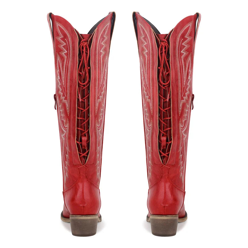Women Pointed Toe Side Zipper Embroidered Western Cowboy Boots Block Heel Cowgirl Booties