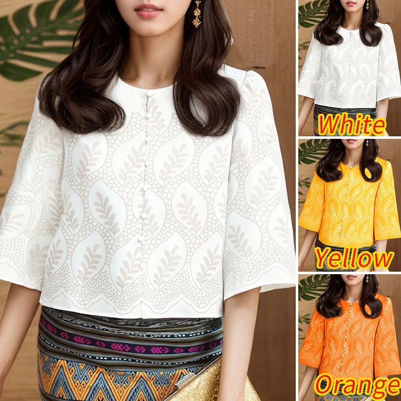 Casual Printing Shirts Women 2025 Autumn Elegant O-Neck Three Quarter Sleeve Button Up Chemises Femme Everyday Wear Tops