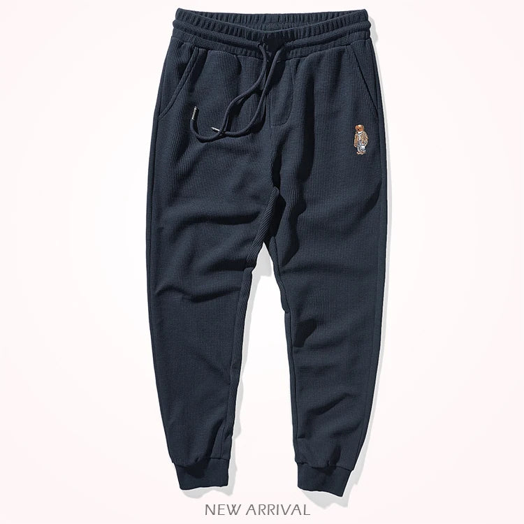 Autumn American Simple Waffle Embroidery Sweatpants Men's Fashion Pure Cotton Loose Elastic Waist Drawstring Sport Casual Pants