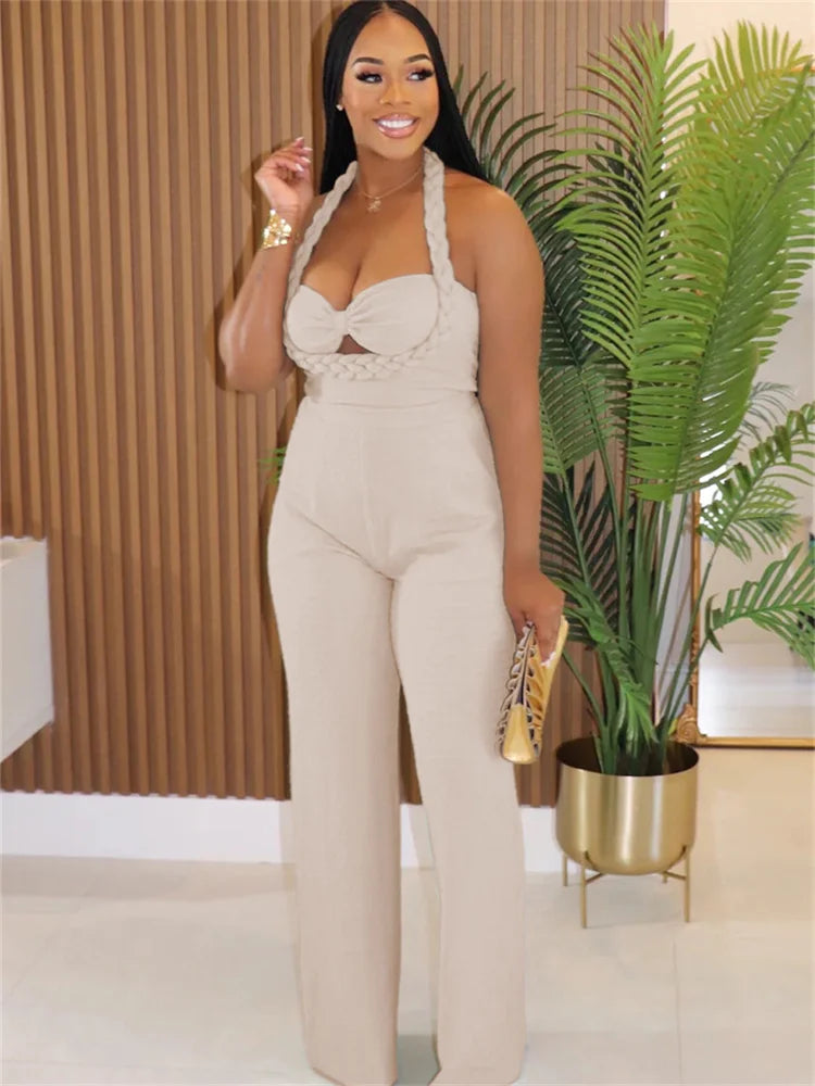 Women Fashion Straight Jumpsuit Summer Trend Twist Bandage Halter Ruched Hollow Backless Sleeveless Classic Outfits