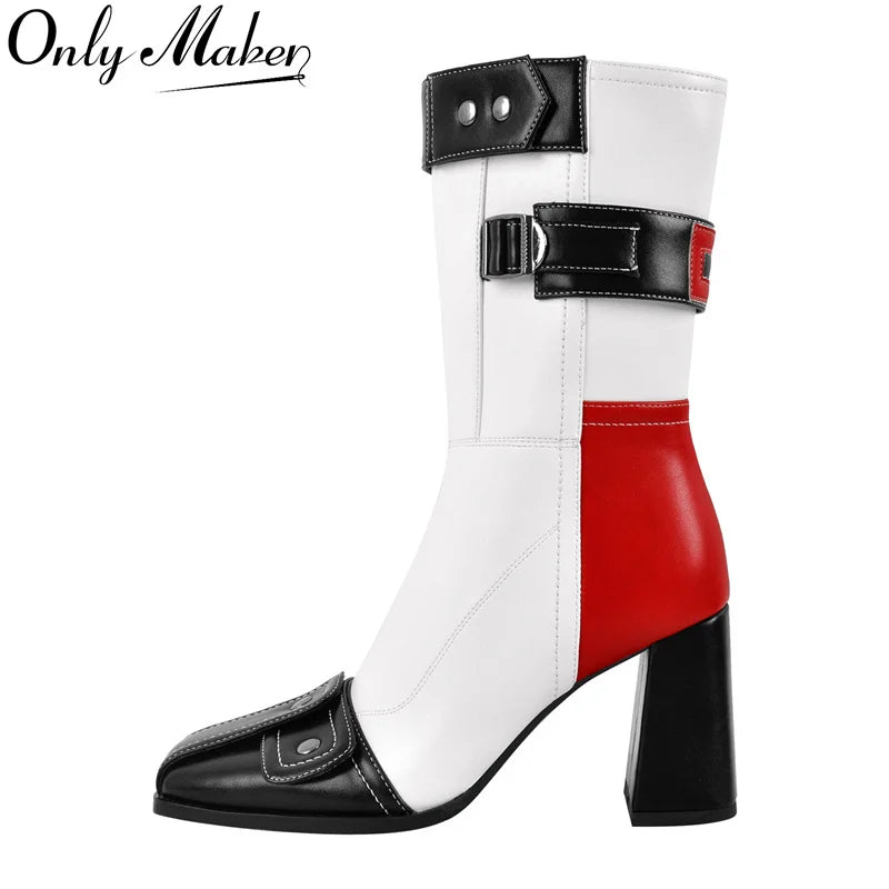 Square Toe Patchwork Buckle Belt Ankle Boots Fashion Side Zipper Boots