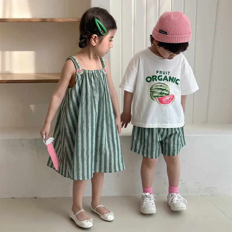 Children's Summer Clothes 2PCs Set Boys' Pure Cotton Striped Tee and Shorts Suit Cute Girls Suspenders Dress Siblings' Outfit Unisex