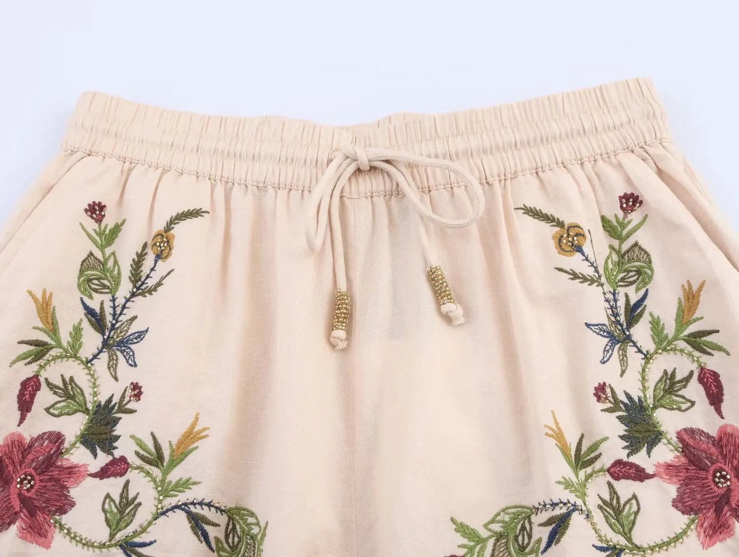 Women's Floral Embroidery Casual Shorts with Elastic Waist And Drawstrings Middle Age Polyester Shorts Summer 2025 Collection