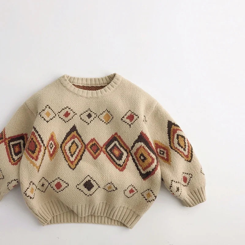 Autumn Winter Colourful Grid Retro Kids Sweaters Vintage Boys Warm Pullover Thicken Girls Knitwear Coat 1-6Y Unisex