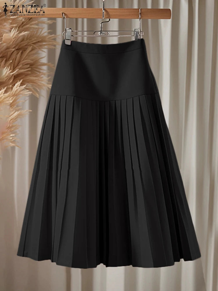 Elegant A-Line Pleated Skirts Women Fashion High Waist Patchwork Midi Faldas Mujer Office Commuting Solid Jupes Femme
