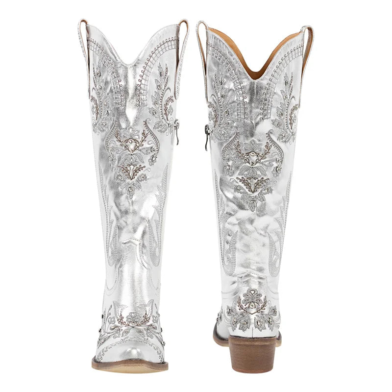 Women Pointed Toe Embroidered White Western Cowboy Boots Block Heel Pull-On Cowgirl Booties