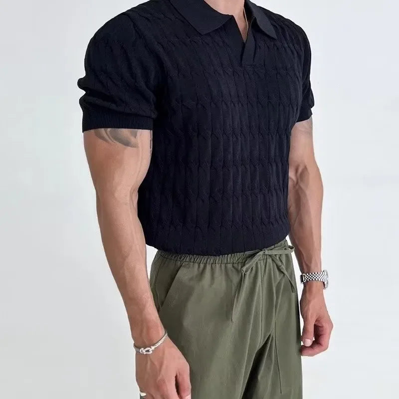 Men's Jacquard Knitted Polo, Casual V-Neck Striped T-shirt, Solid Colour Short Sleeved Lightweight Breathable Luxury Male Clothing