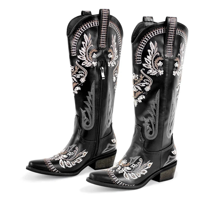 Women Pointed Toe Embroidered White Western Cowboy Boots Block Heel Pull-On Cowgirl Booties