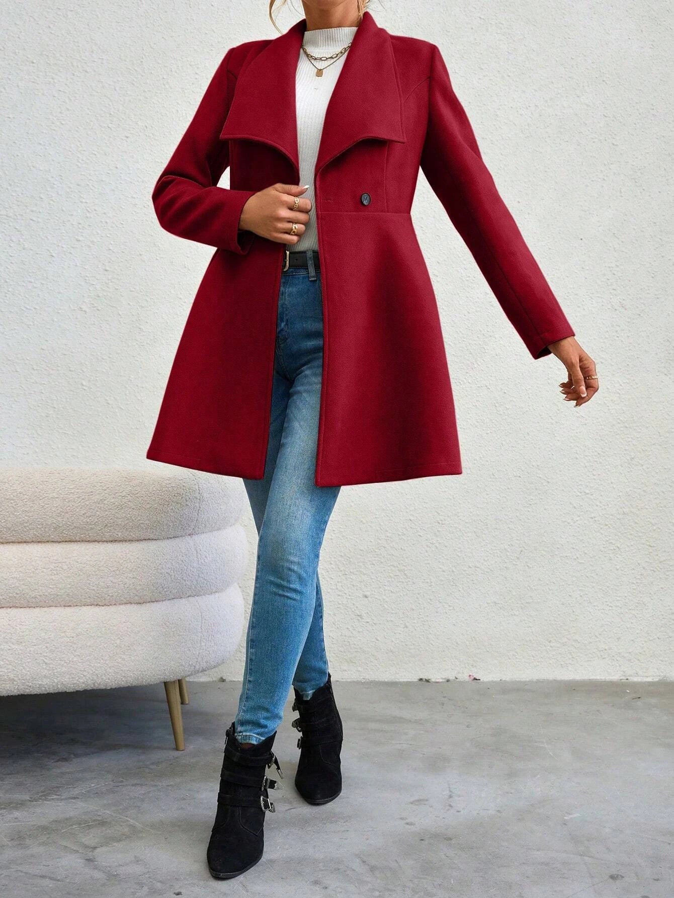 Women's Coats Winter Solid Colour Long Sleeve Lapel Button-Up Work Coats New Year Red Valentine's Day Gift Outer Wears