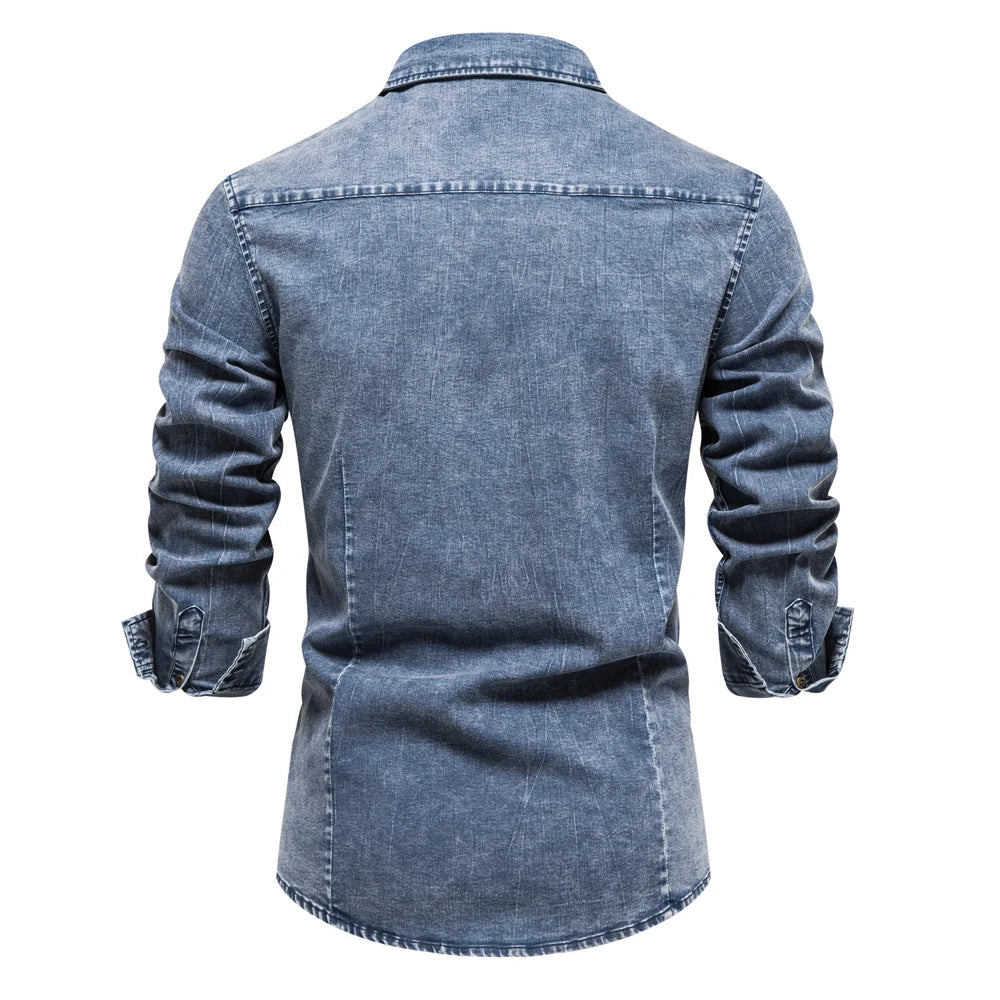Men's Cotton Denim Shirts Double Pocket Solid Colour Casual Male Cowboy Shirts New Autumn Slim Quality Shirts for Men