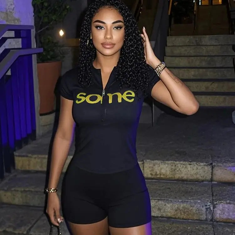Women's Casual Sporty 2 Piece Set Women Letter Print Zip Crop Tops + Skinny Stretch Shorts Matching Simple Fashion Tracksuits
