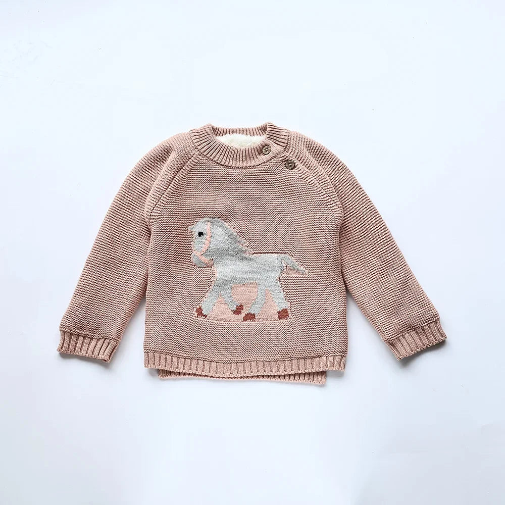 Winter New Cartoon Kids Baby Sweaters Fur Lining Kids Knitwear Fleece Boys Girls Pullover Coat 1-6Y Unisex
