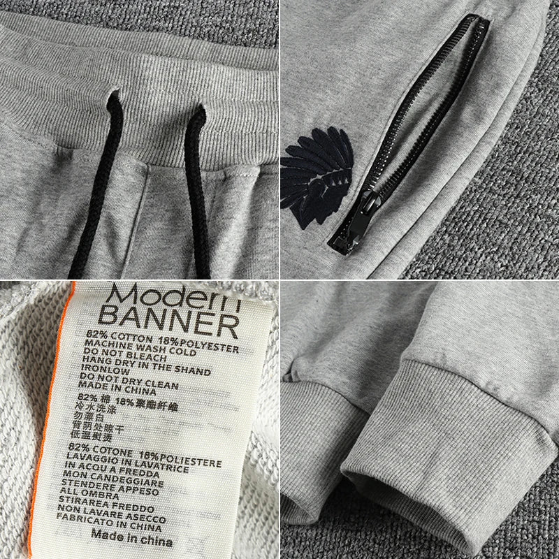 Autumn American Retro Terry Knitted Embroidery Sweatpants Men's Simple Elastic Waist Drawstring Sport Casual Youth Slim Pants