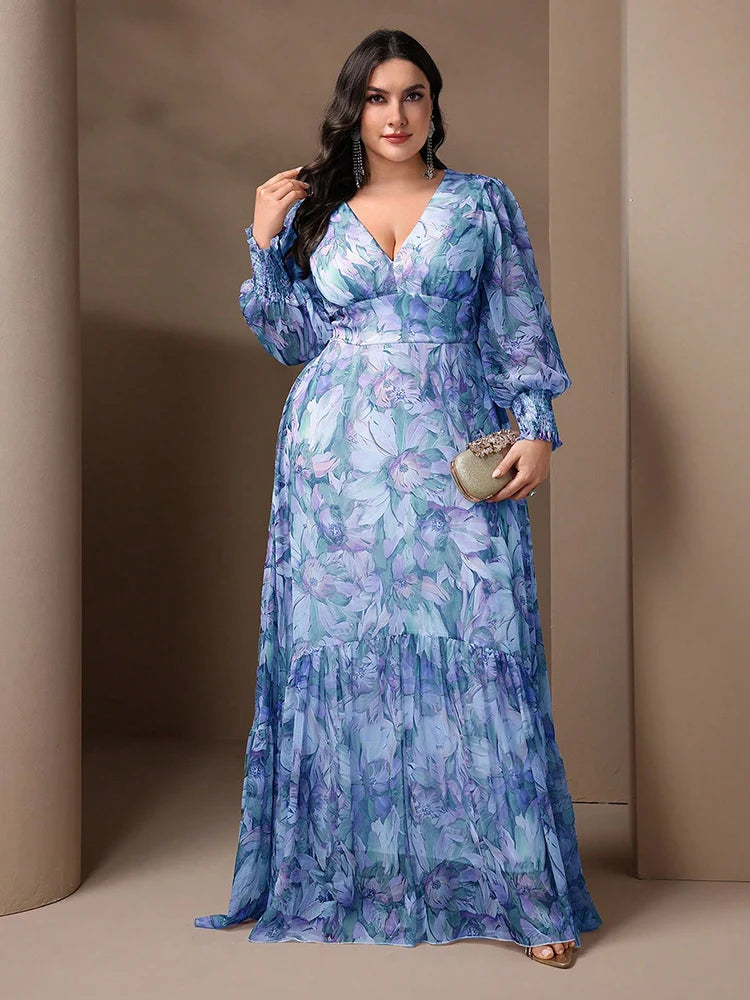 Women's Plus Size Spring/Summer Casual Elegant Floral Printed Dresses With Deep V-Neck and Lantern Sleeve Ruffles Hem Suitable For Vacation