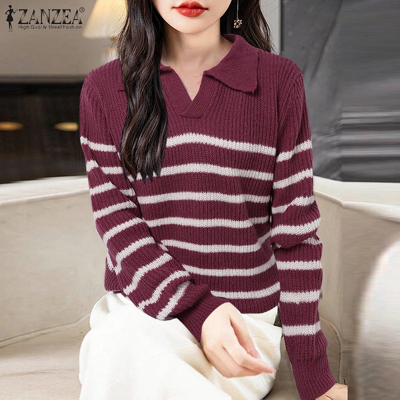 Elegant Women Striped Sweaters 2025 Spring Autumn Long Sleeve Turn-down Collar Knitted Pullovers Casual Stylish Jumpers