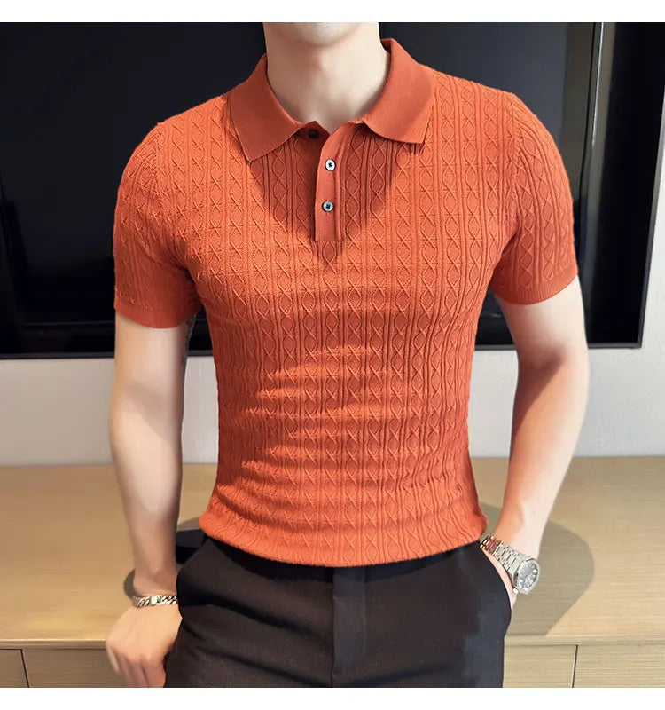 Men's Slim-Fit Jacquard Knitted Short-Sleeved Polo Shirt for Male Fashion Lapel Golf Shirt