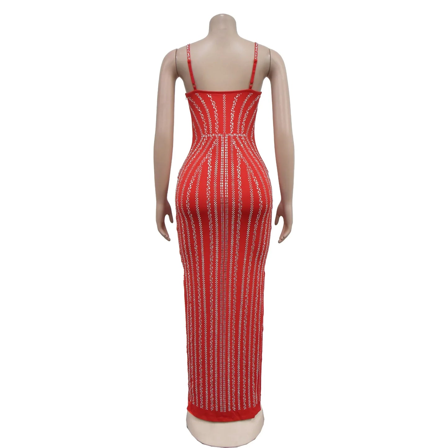 Women's Sexy Solid Color Spaghetti Strap Rhinestone Decor Deep V Neck Party Dress