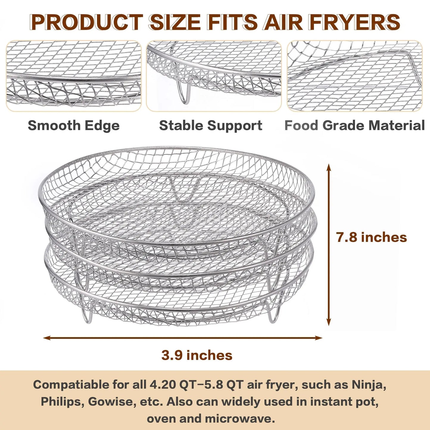 Airfryerrek, set van 3, stapelbaar meerlaags roestvrijstalen droogrek, Airfryer-accessoires, stoommandje voor de oven