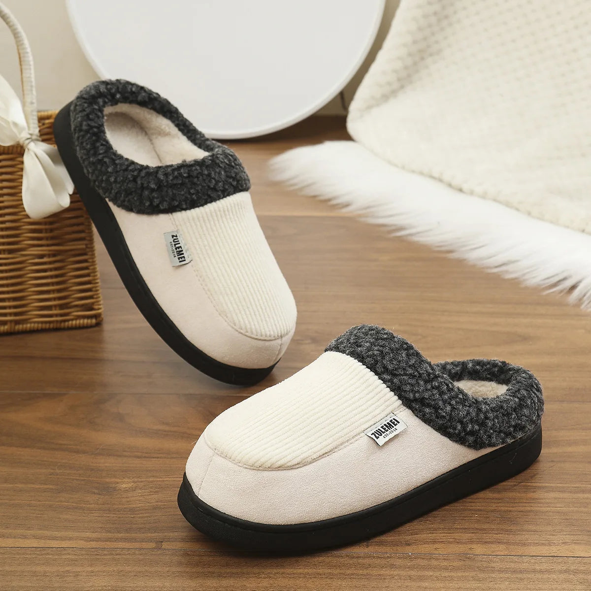 Unisex Winter Cotton Warm Shoes Fleece Lined Outdoor and Indoor Fuzzy Slides With Anti-Skid Short Plush House Slippers For Men & Women