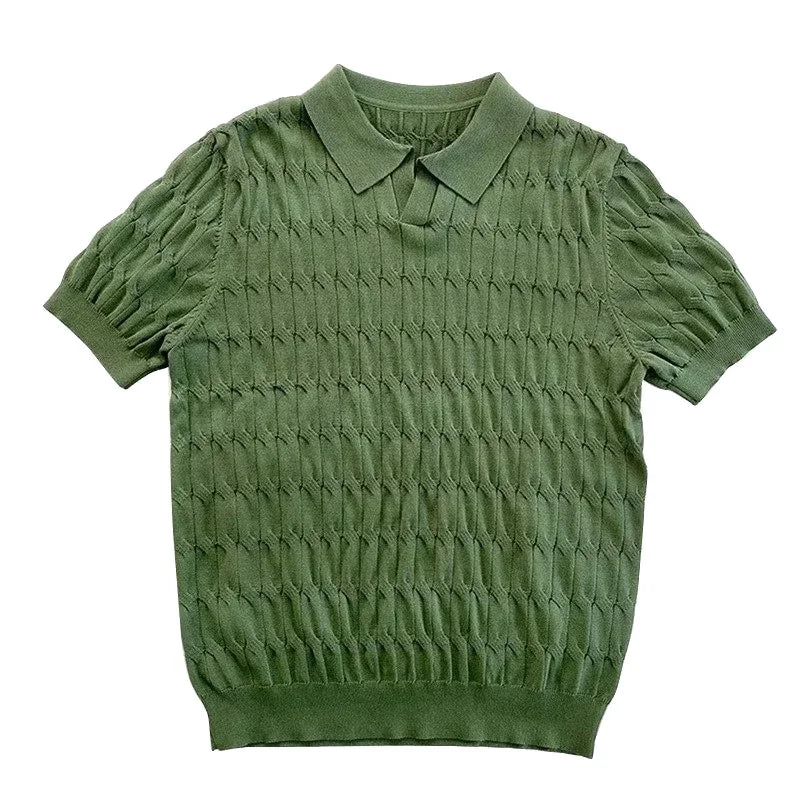 Men's Jacquard Knitted Polo, Casual V-Neck Striped T-shirt, Solid Colour Short Sleeved Lightweight Breathable Luxury Male Clothing