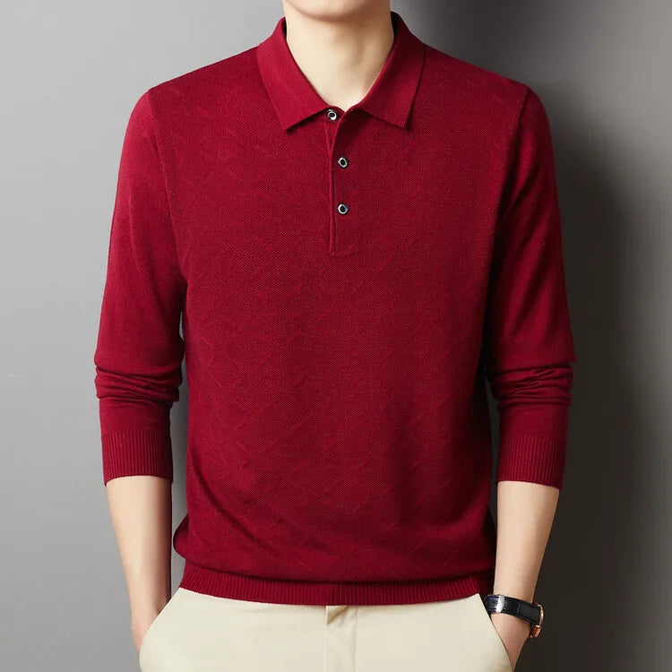 Men's High Quality Woollen Polo Shirt, Blend Fashionable Embroidered Long Sleeve Tee, Korean Style Casual Menswear