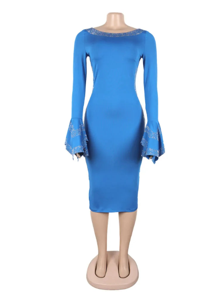 Women's Casual Solid Color V Neck Flare Sleeve Rhinestone Decor Backless Midi Pencil Dress