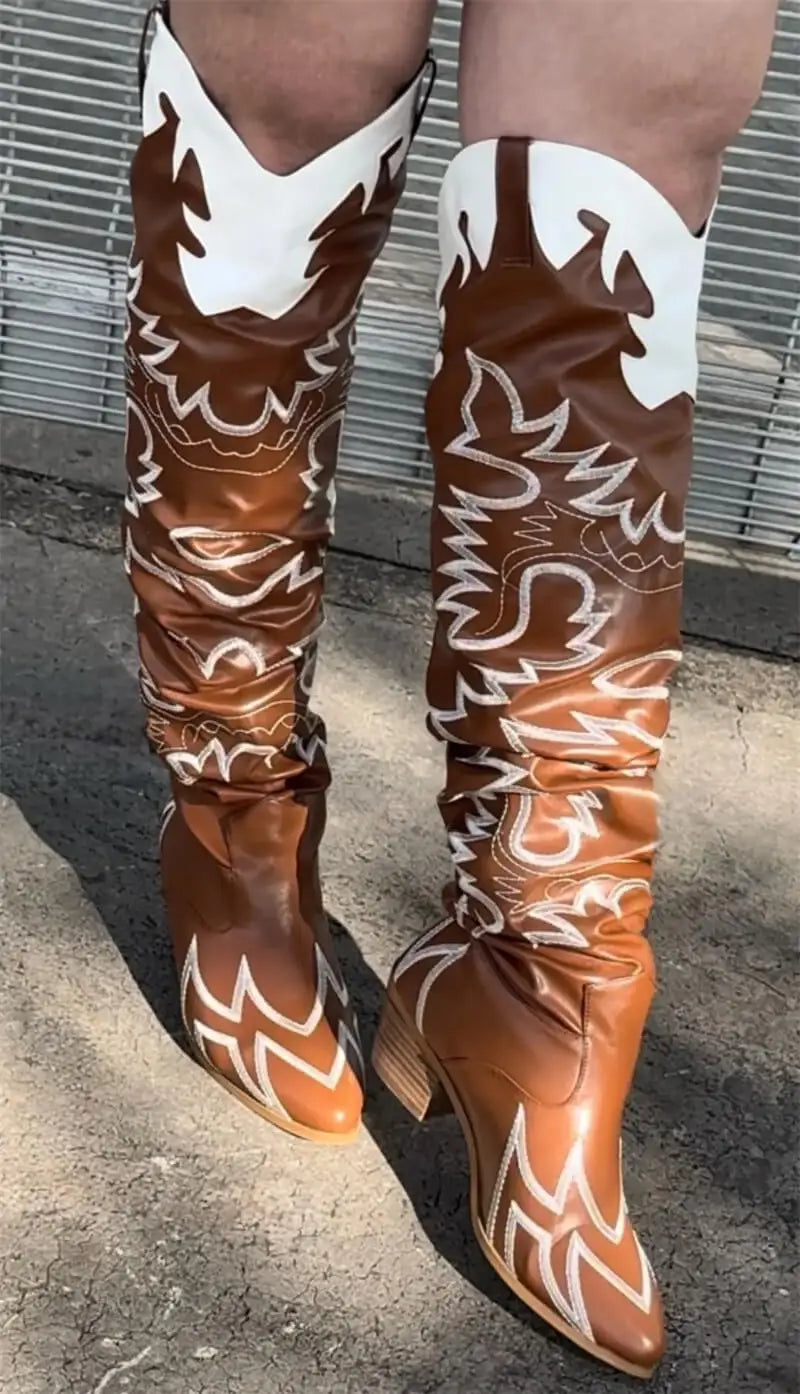 Woman Knee High Boots Western Cowboy Boots Wide Calf Embroidered Women Pointed Toe Block Heel Pull-On Cowgirl Boots