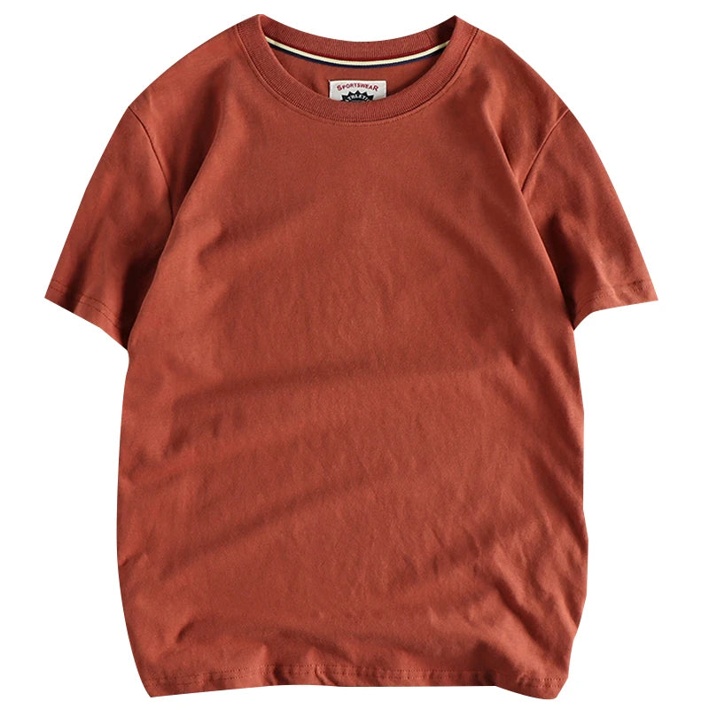 Summer New American Retro Short-sleeved O-neck Solid Color T-shirt Men's Fashion Simple 100% Cotton Washed Casual Sport Tops