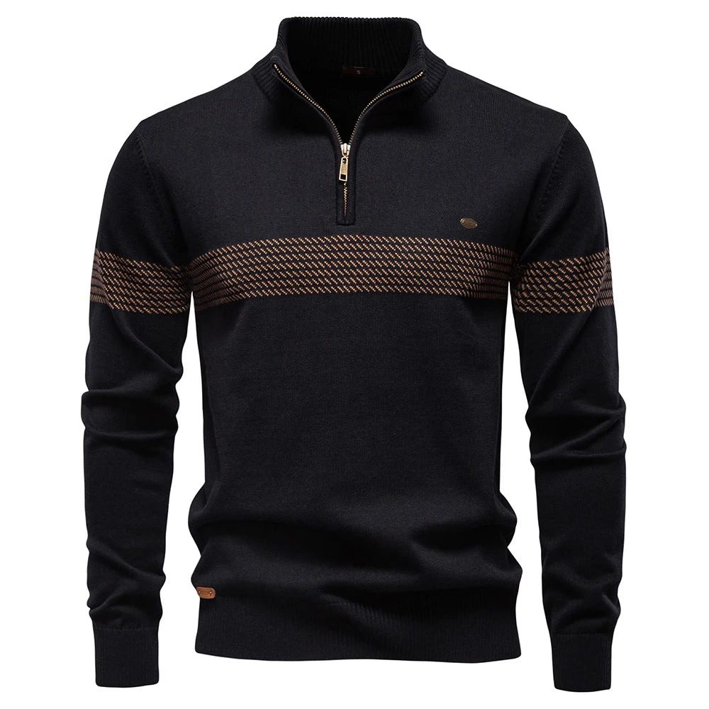 Men's Zipper Sweater Striped Design Knitted Warm Half-Zip Pullover Autumn Winter Outdoor Casual Men's Sweatshirt