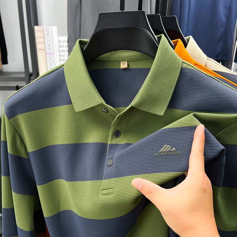 Men's Autumn Long Sleeve Polo Shirt Colourful Striped, Stretchy Double-sided Pique Knit Fabric