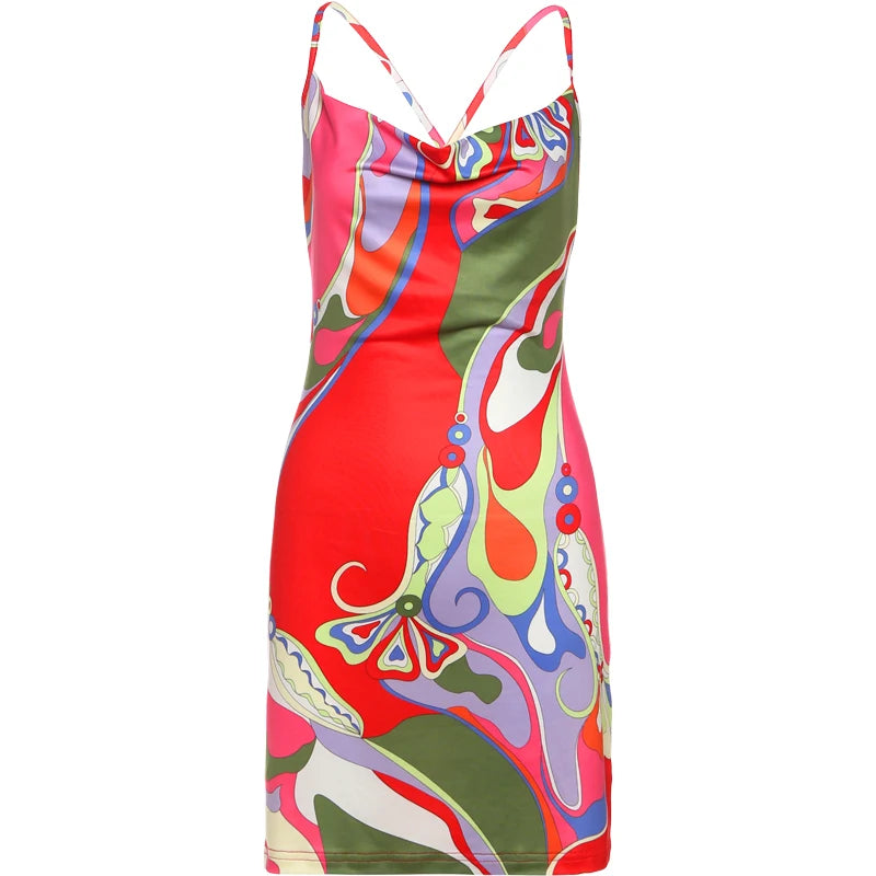 Women's Y2K Backless Dress Sleeveless Colorful Print Tight Mini Summer Sexy Clubwear High Stretch Polyester Spandex