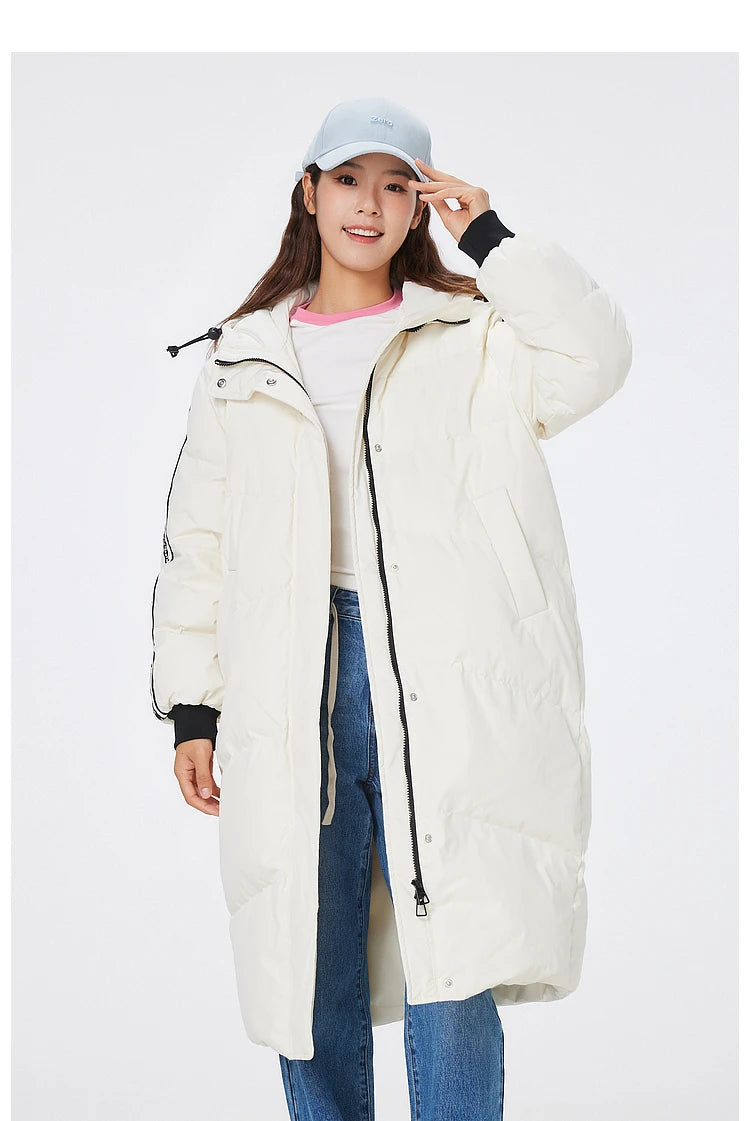 Women's Long Puffer Coat With Striped Webbing, Oversized Straight-Cut Sporty Style, Duck Down Thick Warm Jacket