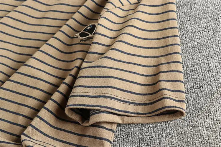 2025 Summer New American Retro 230g Short Sleeve O-neck Cap Embroidery Striped T-shirt Men's Simple Washed old Casual Loose Tops