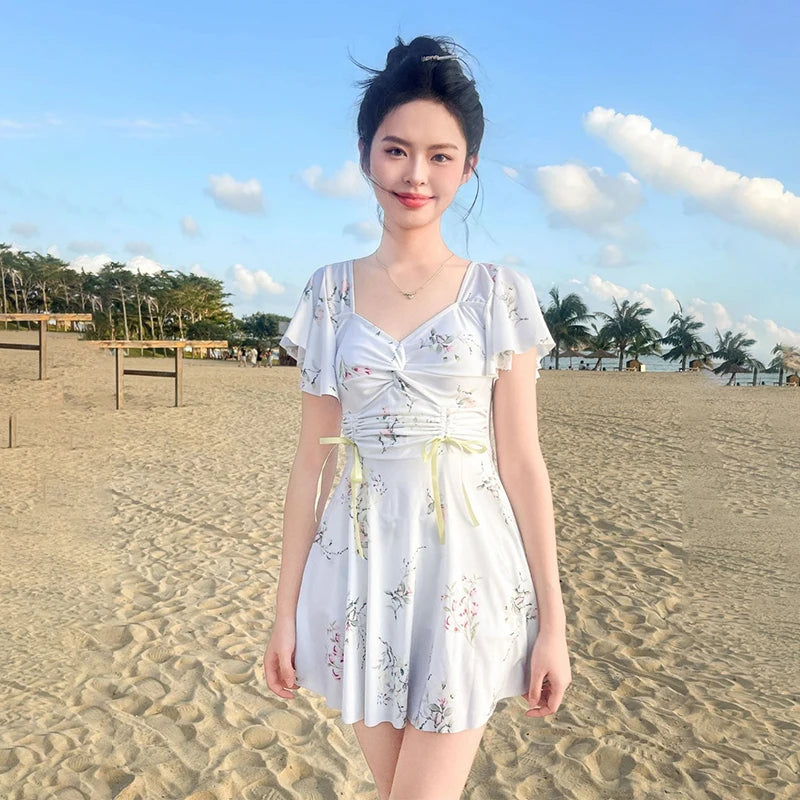Elegant Pleated Ruffle Sleeve Swimsuit Women Fashion Printed Beach Bathing Suit Conservative Belly Covering Slimming Swimwear
