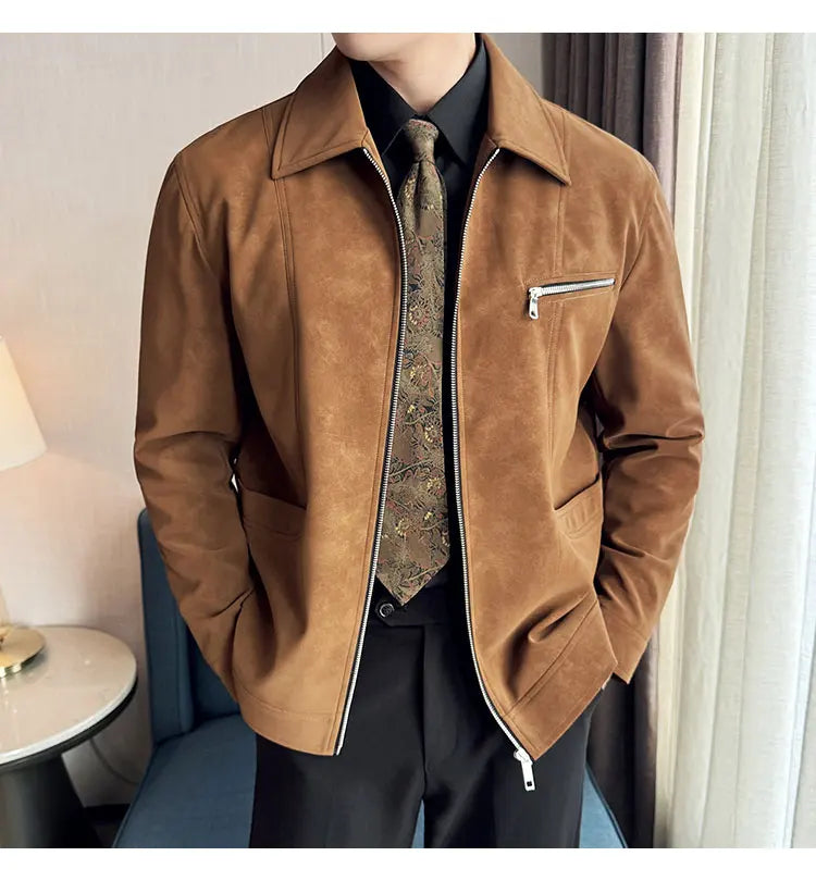 Men's Suede Casual Jacket, Lapel Fashionable Jacket, High-Grade Zipper Decorations, Business Casual Warm Male Coat