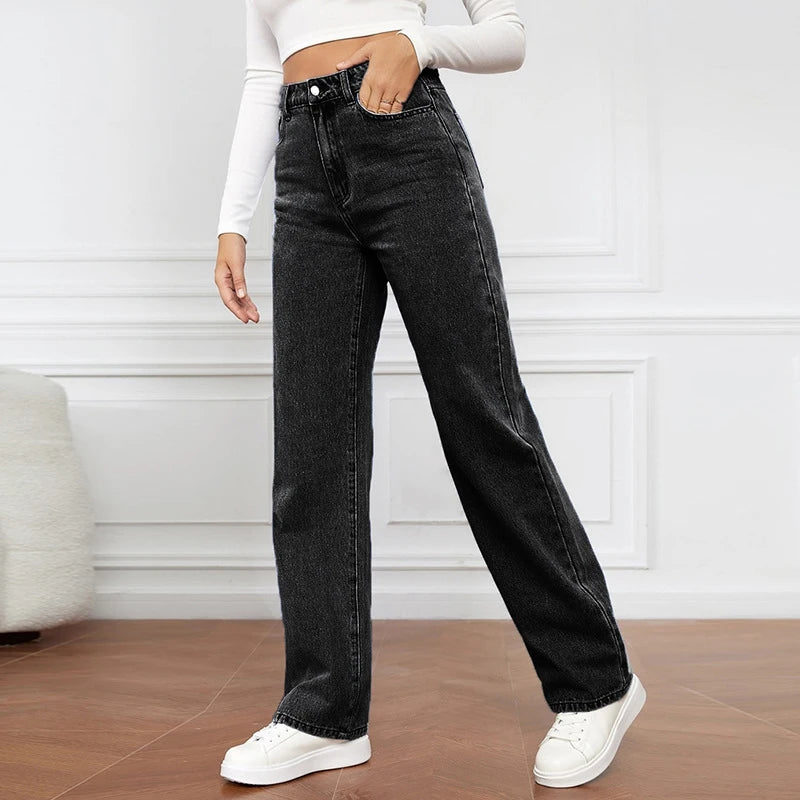 Women's Simple Versatile Straight Jeans Casual Loose High Waist Washed Denim Street Fashion Button Pocket Long Pants