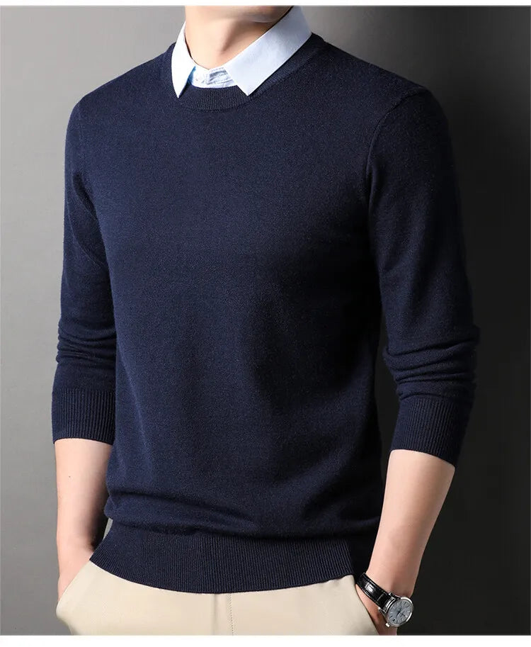 Unisex Knit Sweater Dark Navy False Two-Piece Design Thickened Layered Look With Built-in Collar Soft Touch & Warm Sweater For Men & Women