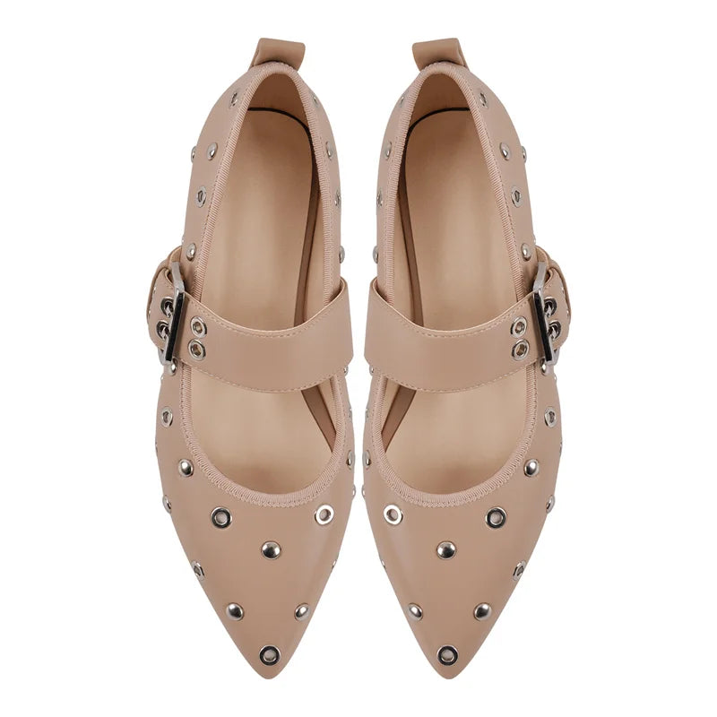 Women Pointed Toe Flats Comfortable Buckle Strap Mary Jane Studded Shoes
