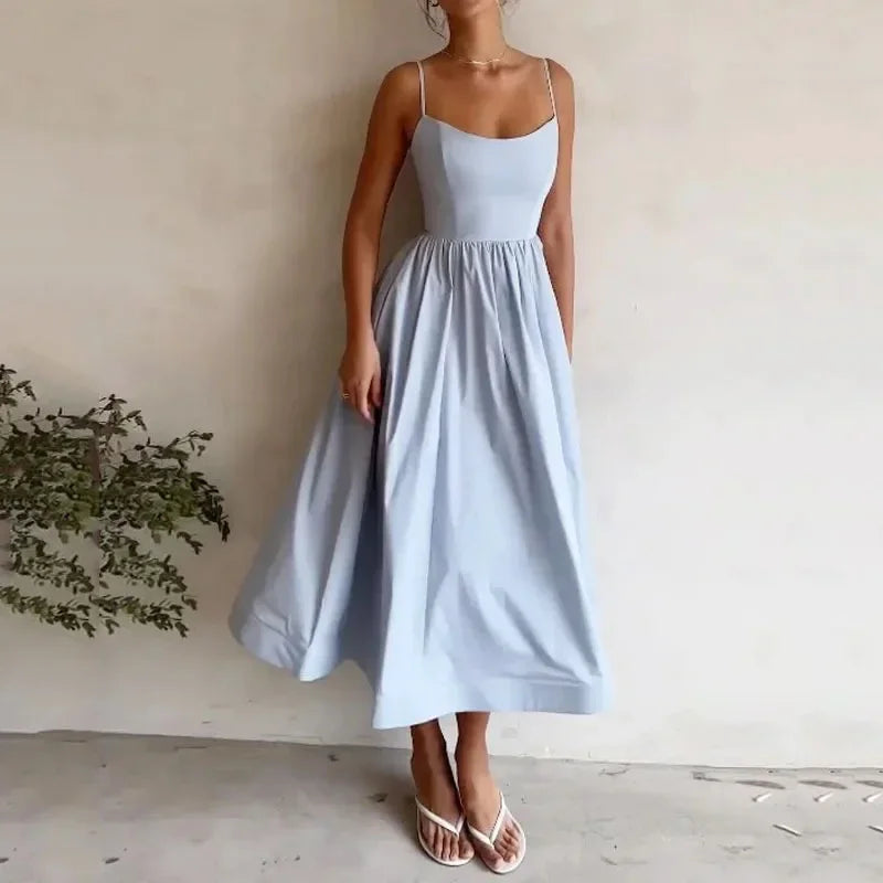 U-neck Summer Women's Dress Vintage Elegant Sleeveless Camisole Slim Pleated Sundress Loose Host A Performance Party Long Dress