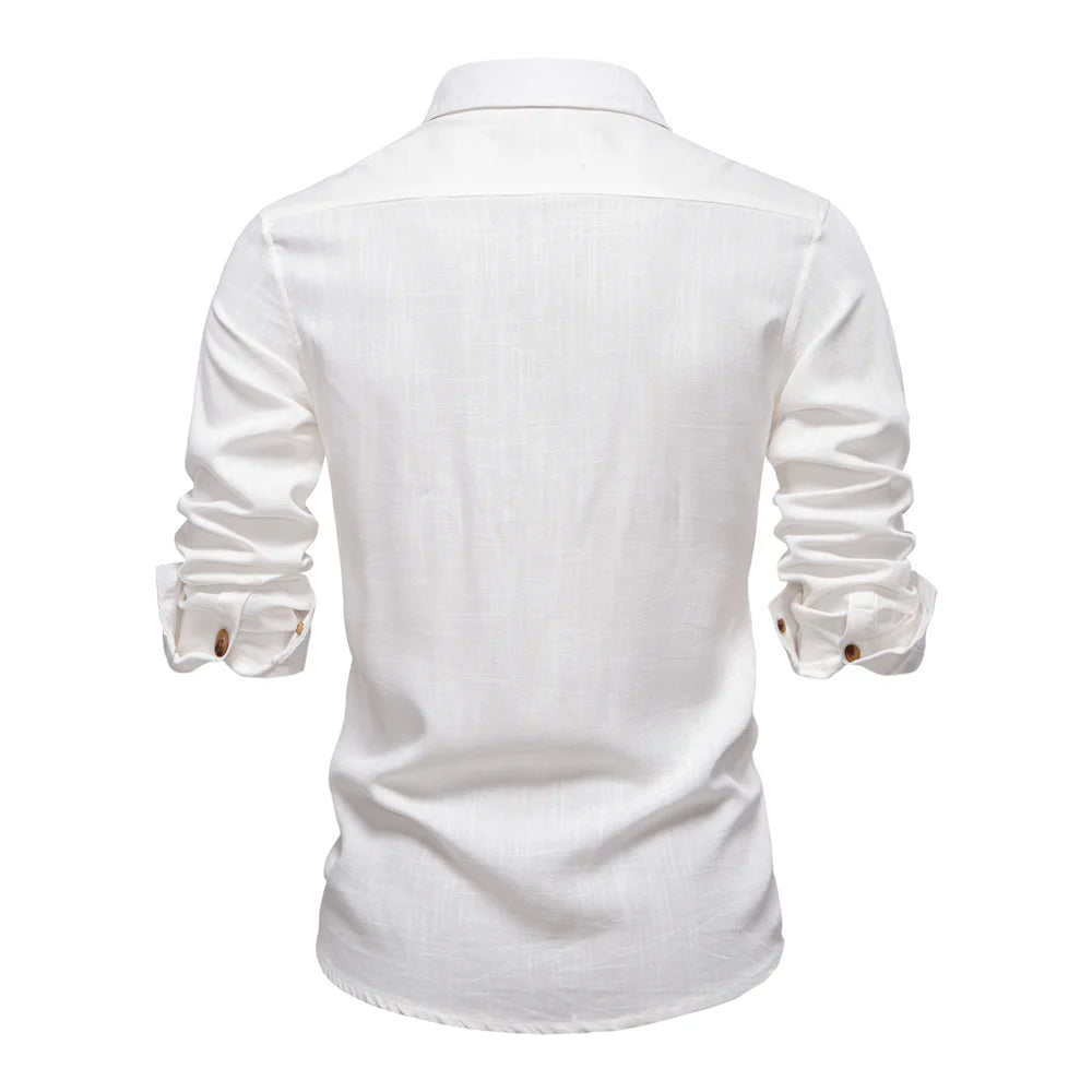 Spring Men's Long-Sleeve Pure Colour Linen Shirt For Casual Comfort and Style Breathable Male Shirts