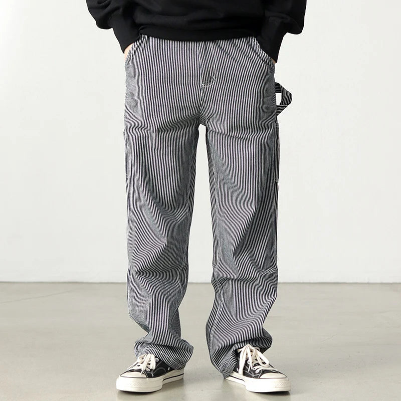 3903# Spring New American Retro Denim Carpenter Cargo Jeans Men's 100% Cotton Washed Loose Casual Multi-pocket Straight Pants
