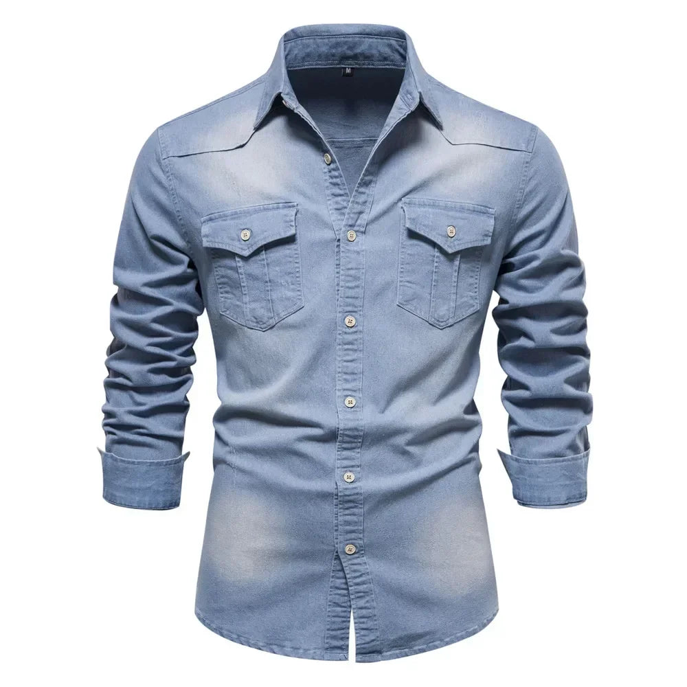 Men's Autumn Cotton Denim Shirt Solid Colour Single Pocket Casual Long Sleeve Jeans Shirt for Men