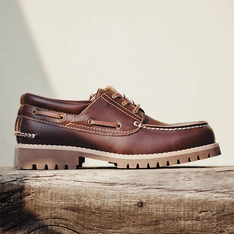 Men's Vintage Second-layer Cowhide Boat Shoes Genuine Leather Derby Shoes Round Toe Low Top Boots British Style Work Shoes
